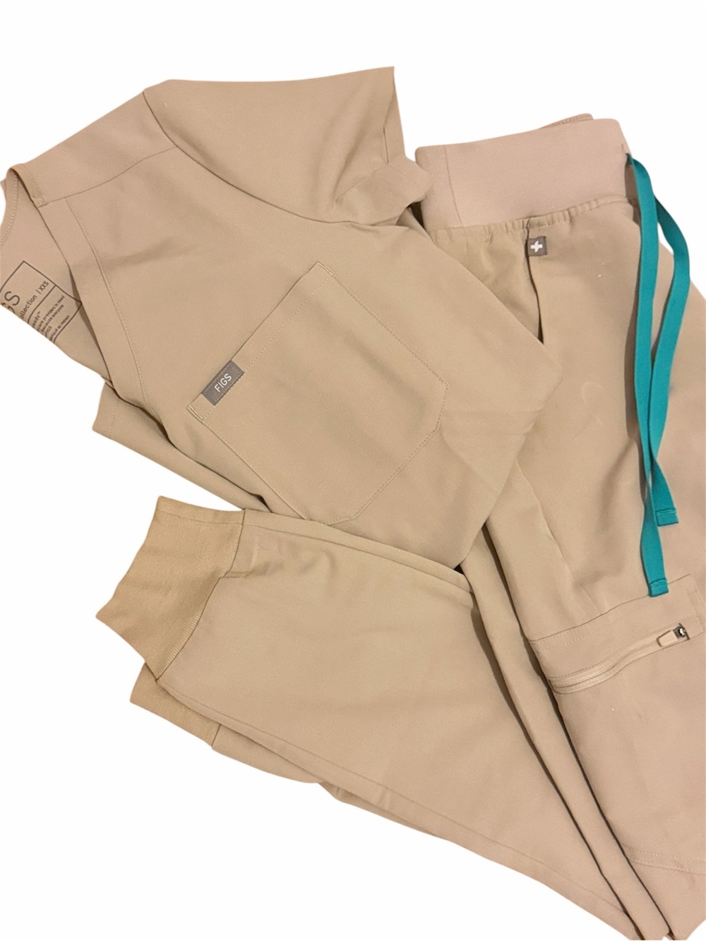 Figs Khaki Scrub Set with Teal Drawstring never worn